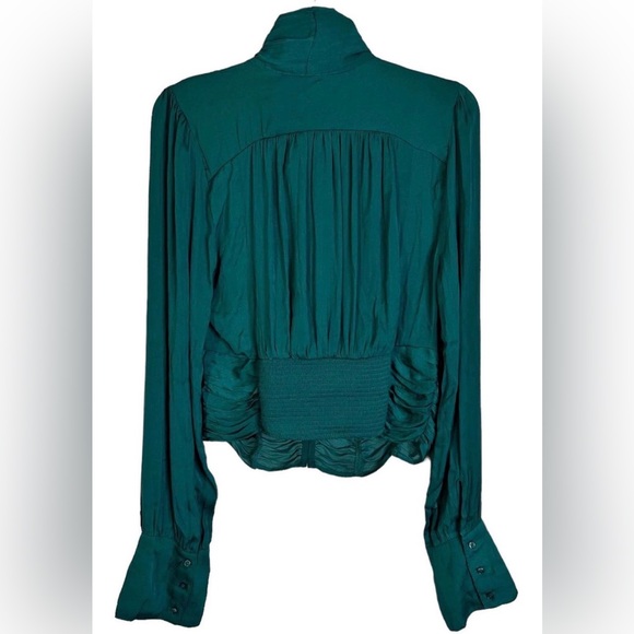 Free People Meet Me There Ruched Tie Neck Blouse Green M Cottagecore Coquette - Picture 4 of 9